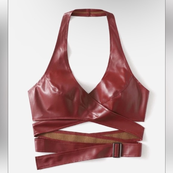Shein red leather top rockstar girlfriend buckle adjust wrap around crop top - Picture 5 of 9